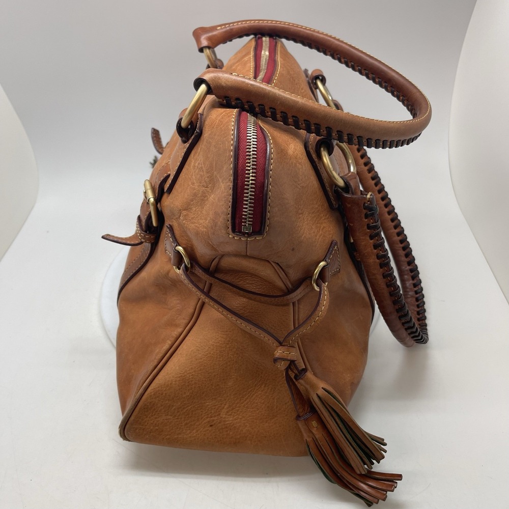 Dooney & Bourke Tan Florentine Leather Large Satchel Bag Braided Handles Tassels - Picture 3 of 8